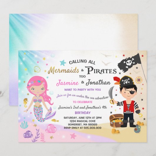 Mermaid Pirate Anniversaire Invitation Fête des fr (Devant / Derrière)