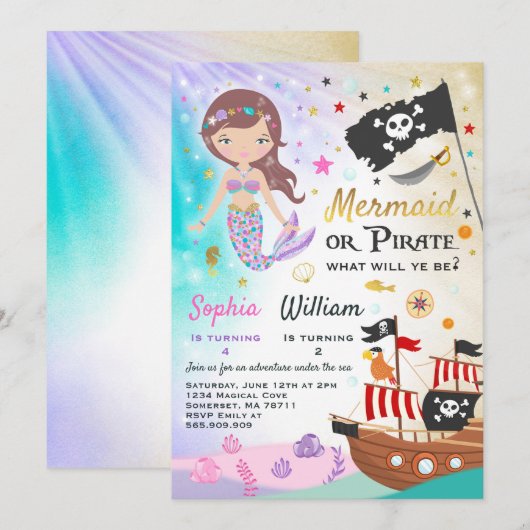 Mermaid Pirate Anniversaire Invitation Fête des fr (Devant / Derrière)