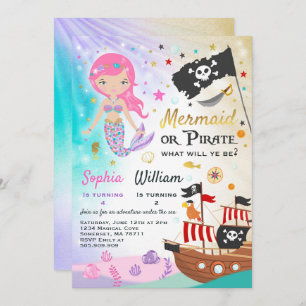 Mermaid Pirate Birthday Invitation Siblings Party Kaart