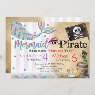 Mermaid Pirate Birthday Party Invitation Siblings Kaart