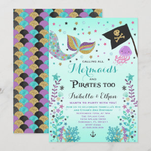 Mermaid & Pirate Birthday Sibling Boy Girl Invite Kaart