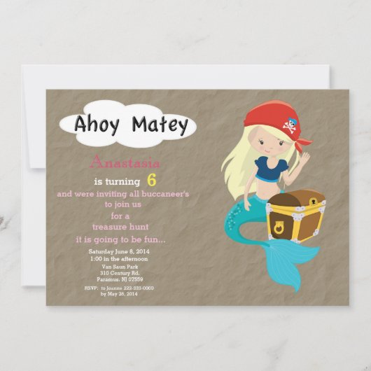 Mermaid Pirate Treasure Hunt Birthday Invitation Kaart (Voorkant)