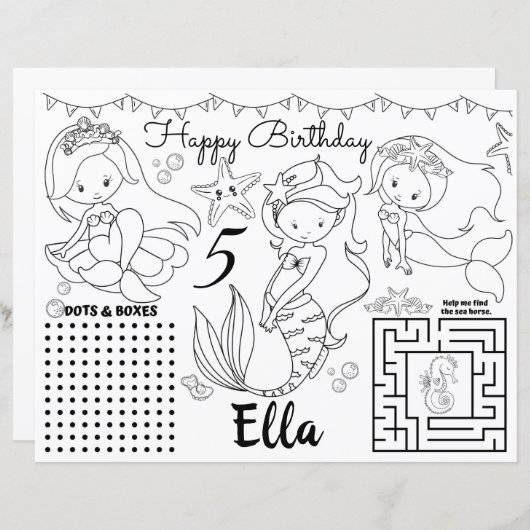 Mermaid Placemats, Mermaid activity Colour sheet (Voorkant / Achterkant)