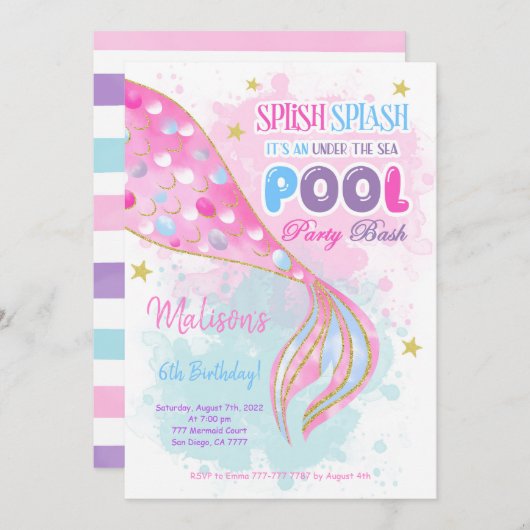 Mermaid & Pool kids Invitation (Devant / Derrière)
