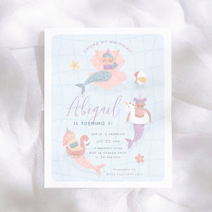 Mermaid Pool Party Budget Verjaardagsuitnodiging