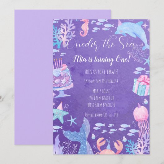 Mermaid près de la mer 1er anniversaire Invitation (Devant / Derrière)
