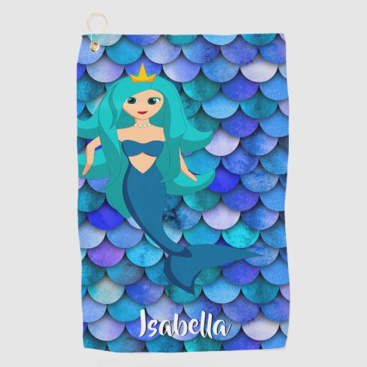 Mermaid princess blue paarse scale naam golfhanddoek (Voorkant)