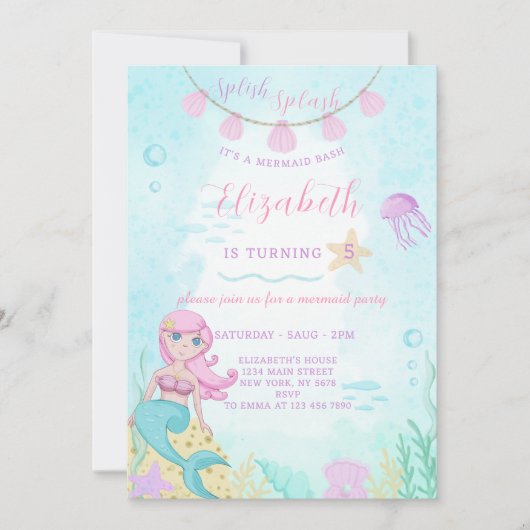 Mermaid Princess Invitation d'anniversaire (Devant)