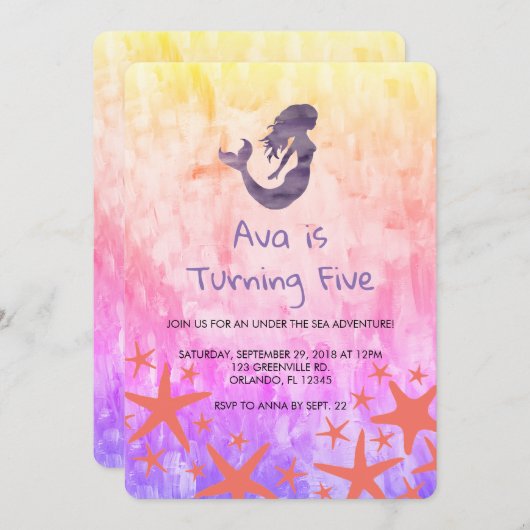 Mermaid Purple Starfish Invitation Anniversaire (Devant / Derrière)