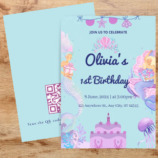 Mermaid QR Code en mer 1er Anniversaire Invitation