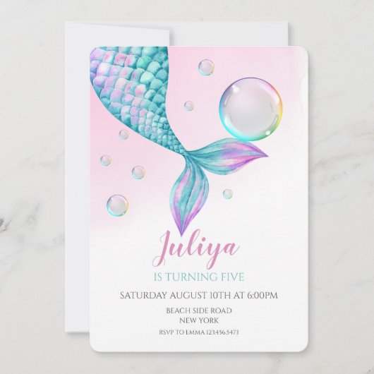 Mermaid Queue avec bulles Anniversaire Invitation (Devant)