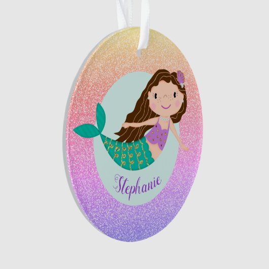 Mermaid Rainbow Glitter Girly Persoonlijke naam Ornament (voorkant)