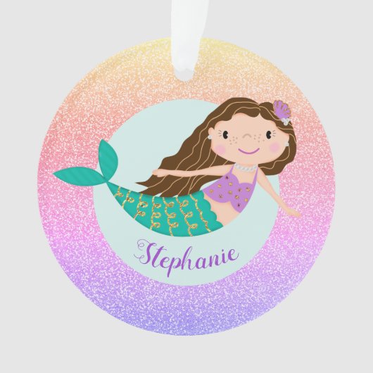 Mermaid Rainbow Glitter Girly Persoonlijke naam Ornament (voorkant)
