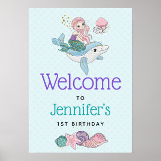 Mermaid Riding a Dolphin under the Zee Birthday Poster