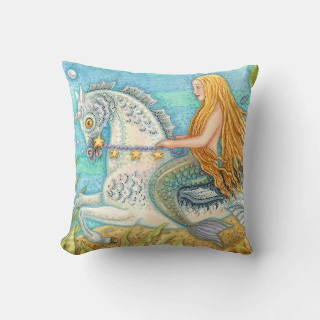Mermaid Riding Seahorse Merhorse Unicorn COUSSIN (Recto)