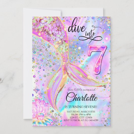 Mermaid rose violet Invitation Anniversaire (Devant)
