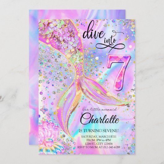 Mermaid rose violet Invitation Anniversaire (Devant / Derrière)