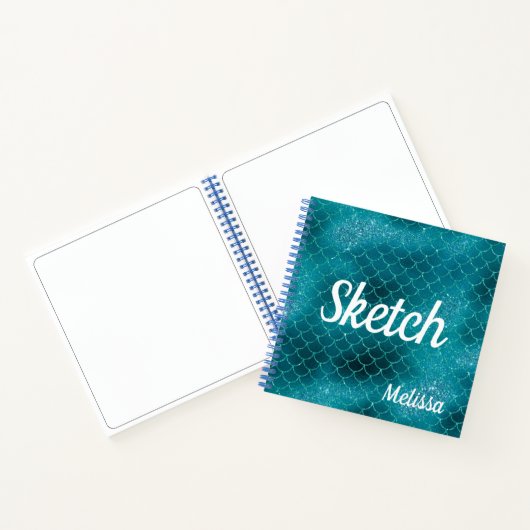 Mermaid Scale Blauwgroen Glitter Monogram Sketchbo Notitieboek (Binnen)