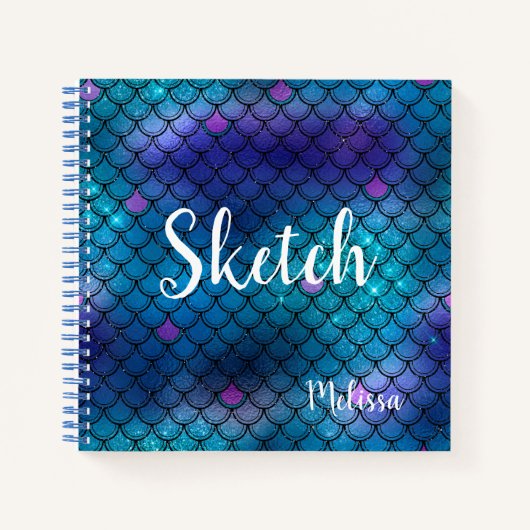 Mermaid Scale Blue Glitter Monogram Sketchbook nie Notitieboek (Voorkant)