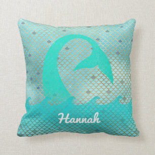 Mermaid Scales Aqua Blauwgroen Gold Custom Name Na Kussen