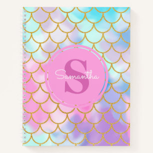 Mermaid Scales Gold Glitter Pattern Pink Monogram Notitieboek