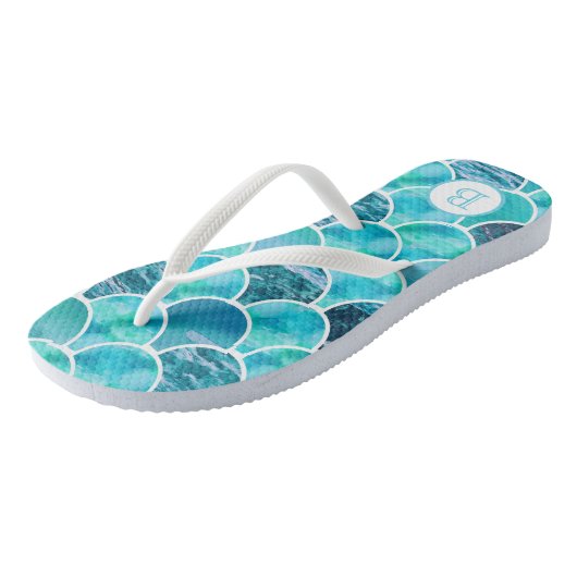 Mermaid scales turquoise aquamarine monogram teenslippers (Schuin)