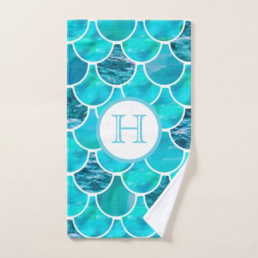 Mermaid scales turquoise mint green blue monogram bad handdoek (Handdoek)
