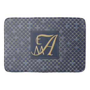 Mermaid Schubben Monogram Navyblauw Goud Huisdecor Badmat
