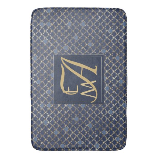 Mermaid Schubben Monogram Navyblauw Goud Huisdecor Badmat (Voorkant Verticaal)