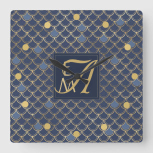 Mermaid Schubben Monogram Navyblauw Goud Huisdecor Vierkante Klok