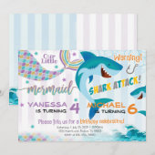 Mermaid Shark Anniversaire Fête Invitation Frères (Devant / Derrière)