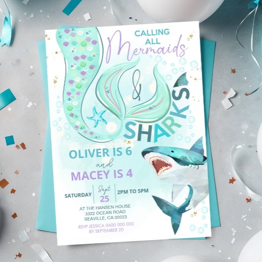 Mermaid Shark Anniversaire Invitation conjointe An