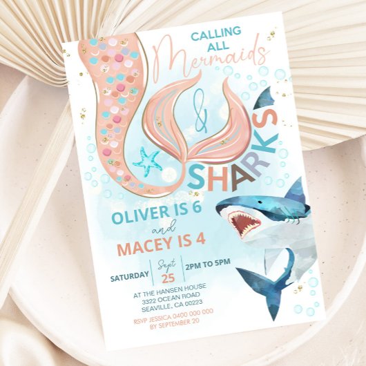 Mermaid Shark Anniversaire Invitation conjointe An