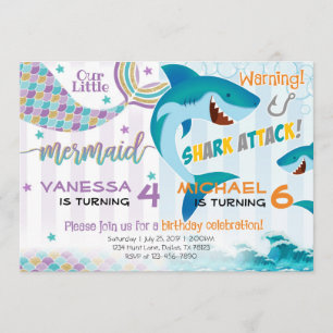 Mermaid Shark Birthday Party Invitation Siblings Kaart