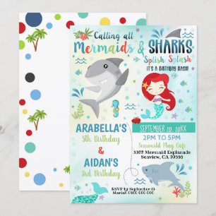 Mermaid Shark Invitation Sibling Birthday Joint Kaart
