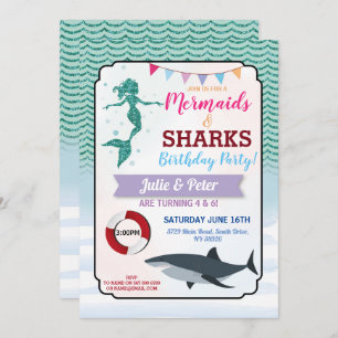 Mermaid Shark Pool Party Joint Boy Girl Birthday Kaart