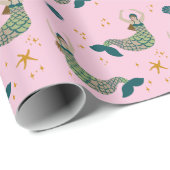 Mermaid Siren Theme Illustratie Afdrukroze Cadeaupapier (Rol Hoek)