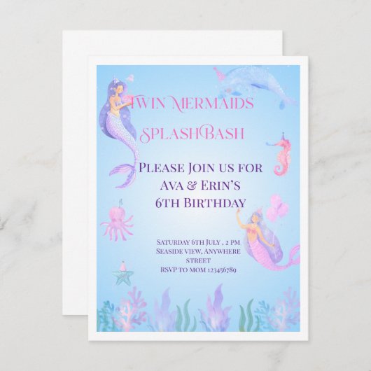 Mermaid Splish Splash Bash Verjaardag Uitnodiging (Voorkant / Achterkant)
