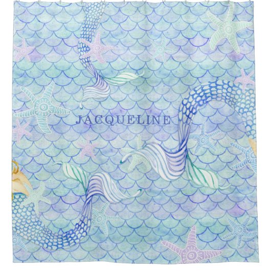Mermaid Tail Fish Scale Pattern Girl Name Starfish Douchegordijn (Voorkant)