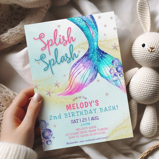 Mermaid Tail Glitter 2nd Birthday Invitation Kaart