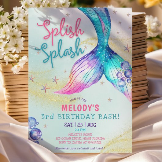 Mermaid Tail Glitter 3rd Birthday Invitation