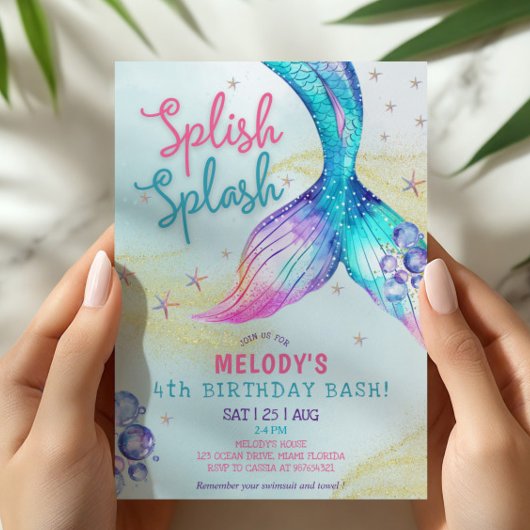 Mermaid Tail Glitter 4th Birthday Invitation Kaart