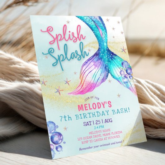 Mermaid Tail Glitter 7th Birthday Invitation Kaart