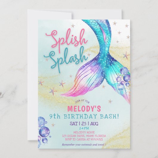 Mermaid Tail Glitter 9th Birthday Invitation (Devant)