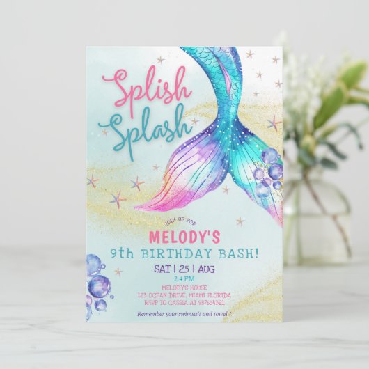 Mermaid Tail Glitter 9th Birthday Invitation (Debout devant)