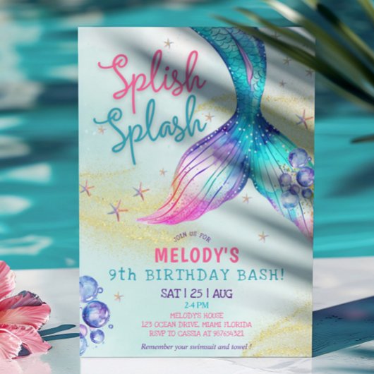Mermaid Tail Glitter 9th Birthday Invitation Kaart