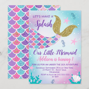 Mermaid Tail Gold Roze Paarse Verjaardagsuitnodigi Kaart