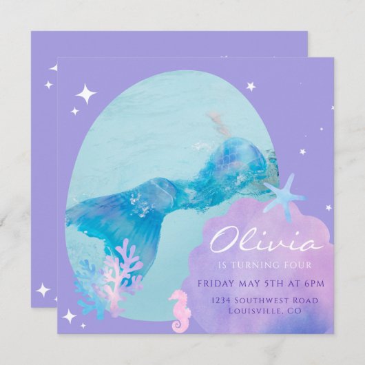Mermaid Tail Invitation d'anniversaire, sous la me (Devant / Derrière)