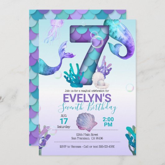 Mermaid Tail Mermaid Invitation for 7th Birthday Kaart (Voorkant / Achterkant)