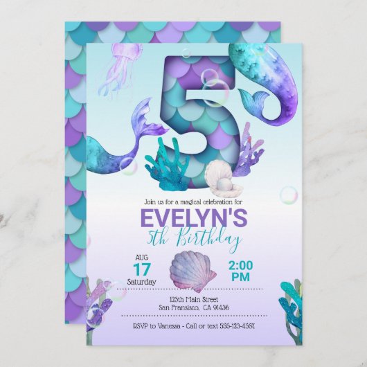 Mermaid Tail Mermaid Invitation pour 5e anniversai (Devant / Derrière)